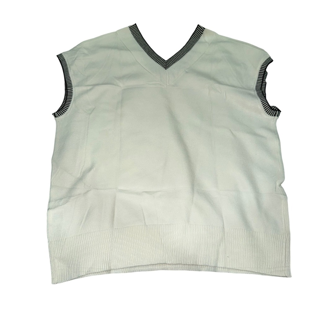 DOKOTOO White V Neck Knit‎ Vest Sweater Sleeveless Striped Trim